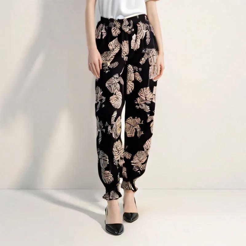 WTEMPO Эластичные тонкие брюки-джоггеры с высокой талией и принтом, женские весенне-летние брюки с широкими штанинами из ледяного шелка, свободные укороченные брюки для мамы