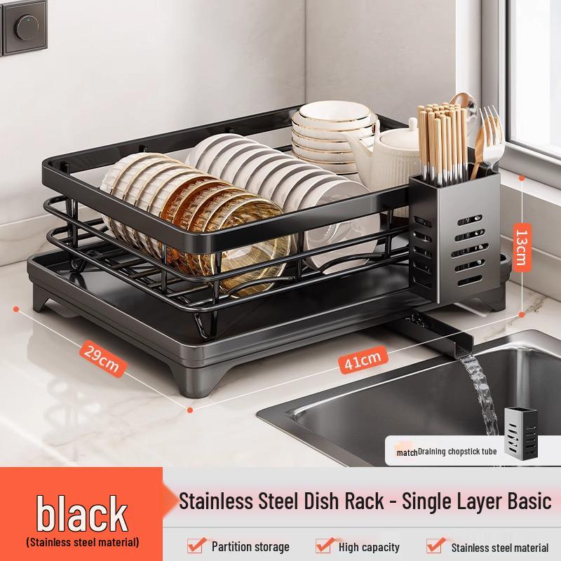 Stainless Steel Kitchen Dish Rack with Plate, Bowl, and Chopstick Holder