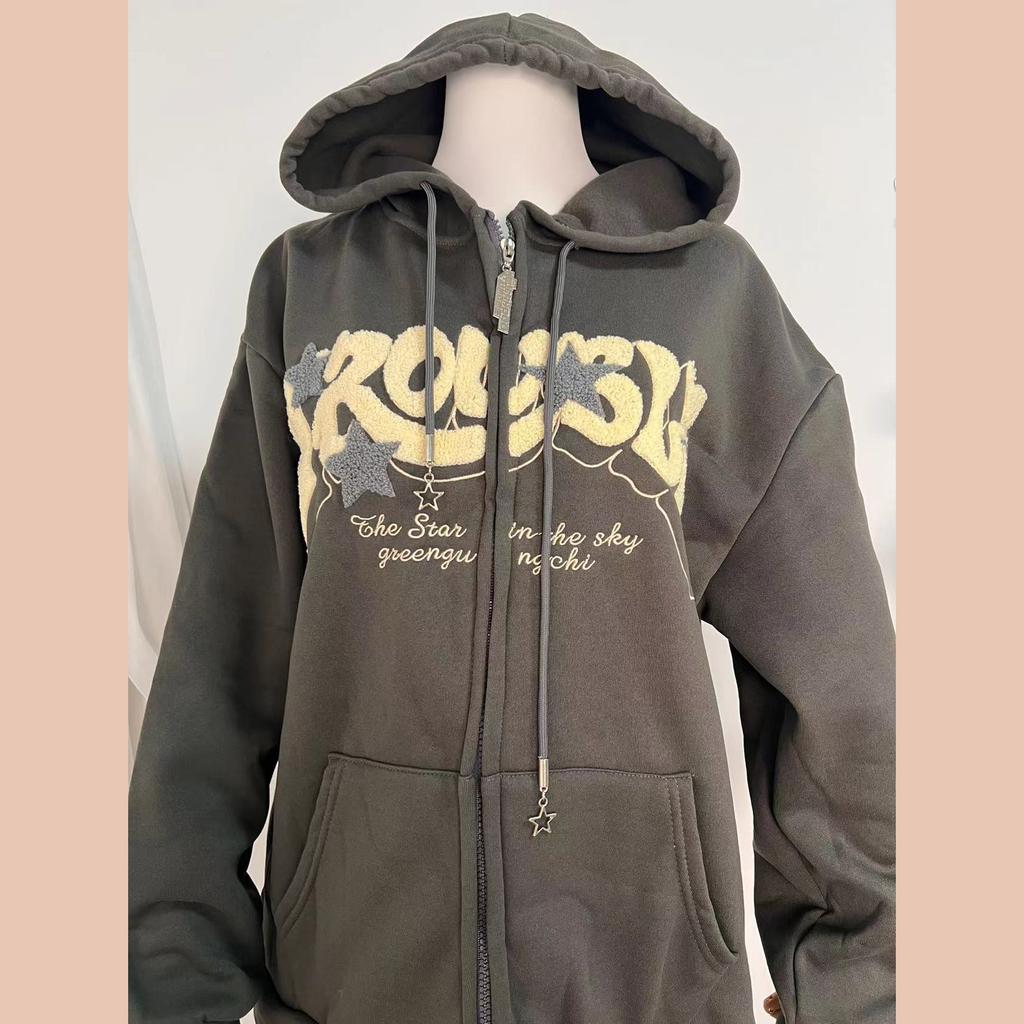 Women Letter Embroidered Hoodies Autumn Winter Vintage Zip Up Loose  Hooded Sweatshirts Harajuku Y2K Long Sleeve Jacket Clothes