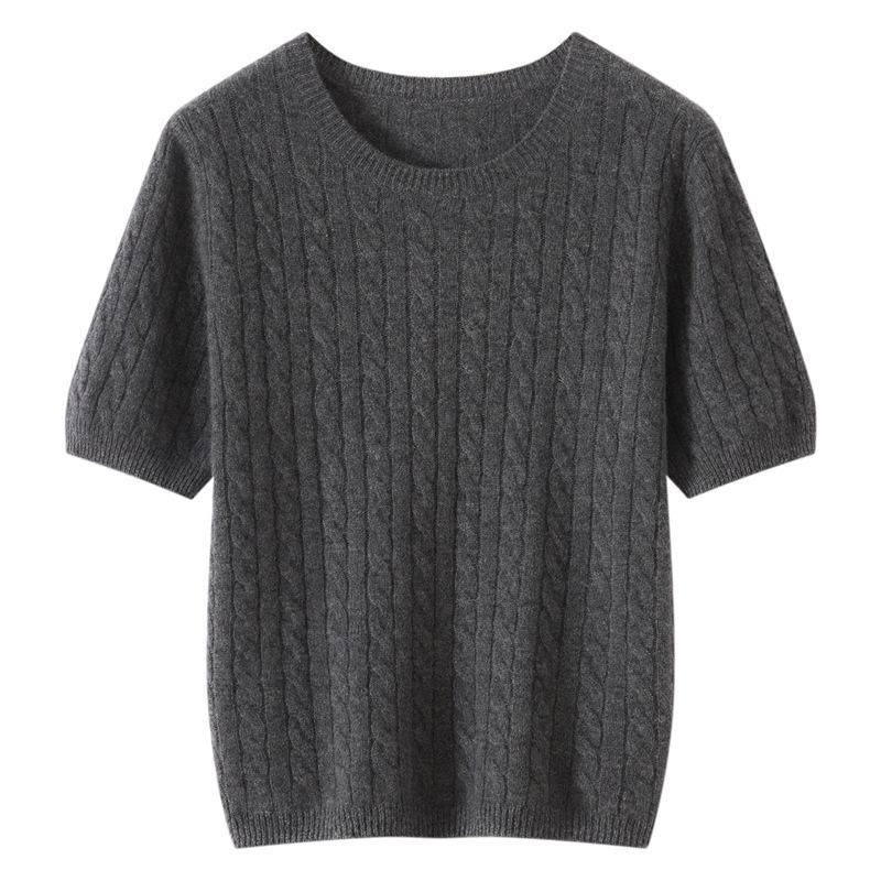 Women's 100% Cashmere Short Sleeve Cable Knit Pullover, Round Neck, Solid Color