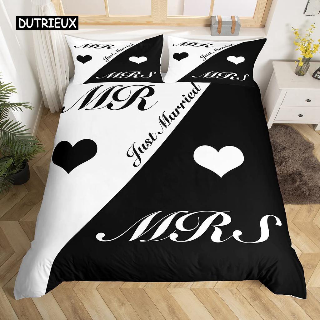 Black and White Duvet Cover Set King and Queen Bedding Set for Couple Romantic Valentine's Day Presents Polyester Duvet Cover