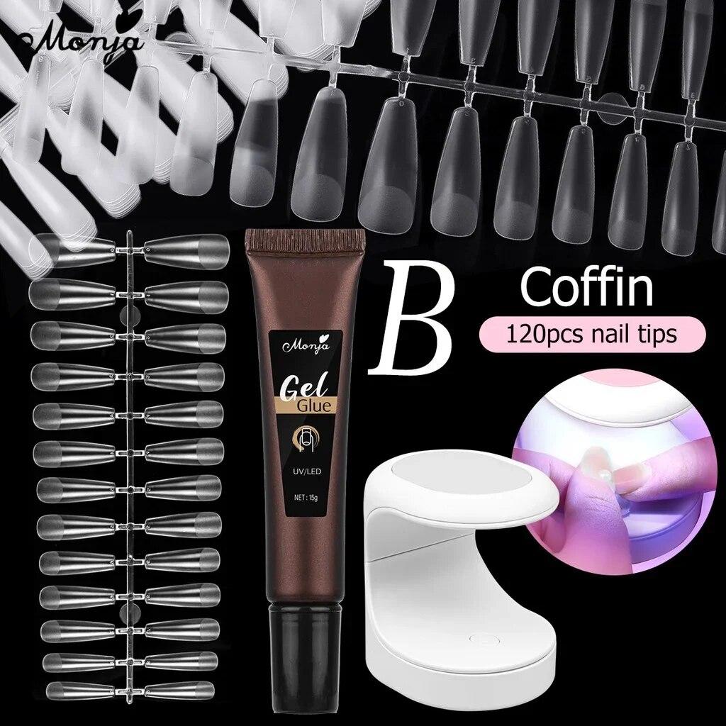 monja 3 шт., набор для наращивания акрилового дизайна ногтей, 6 Вт, светодиодная лампа для сушки, 15 г, УФ-гель, клей, матовый квадратный длинный гроб, миндаль, клей для накладных накладных кончиков