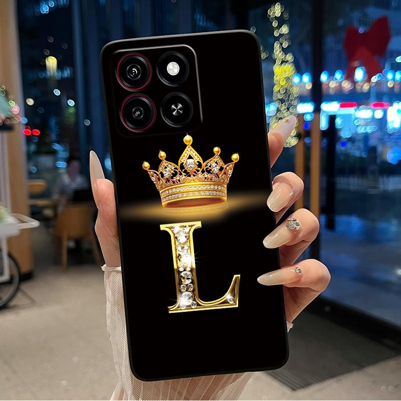 Cool Lucky A-Z Letter Phone Case For ZTE Blade A35/A55 Soft Silicone Black Case Shockproof Luxurious Glitter Crown Shell