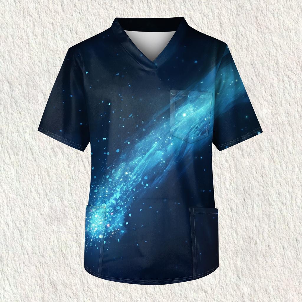 Мужская рабочая блузка с короткими рукавами и v-образным вырезом с принтом, топ с нагрудным карманом