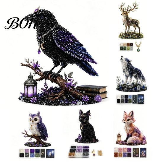 Stress-free Craft Kit DIY Beading Material Pack, 3D Mythic Forest Series Complete Beginner with High Acrylic And Glass Beads Gloss Beads, Cat Fox Wolf