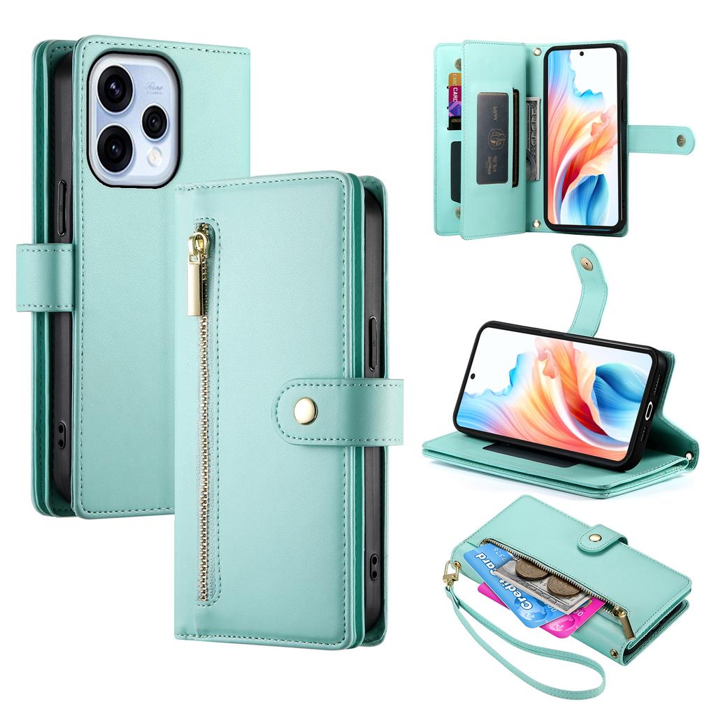 For Oppo Reno15 5G (Global) / Reno15c 5G (China) Leather Case Zipper Pocket Wallet Phone Cover with Straps