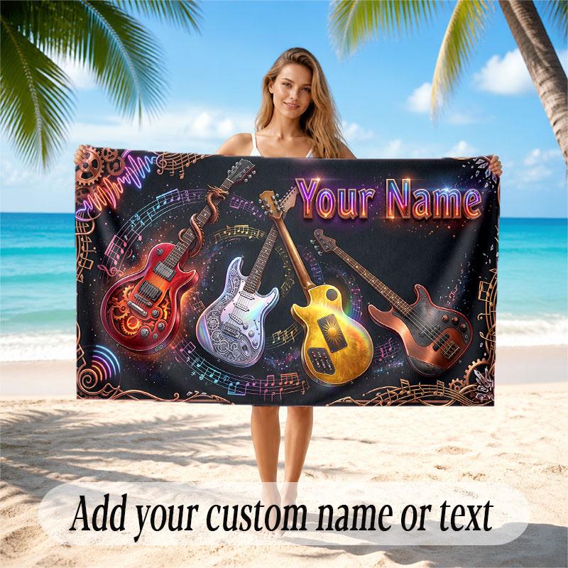 Music Guitar Theme Beach Towel Personalized Custom Name & Text Soft Quick Dry Beach Towel for Swimming Travel