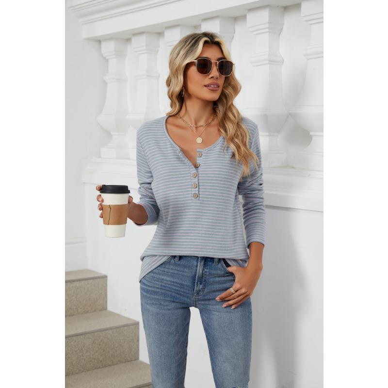 Spring and Autumn Women's Blouse Round Neck Button Loose Long Sleeve Striped Top