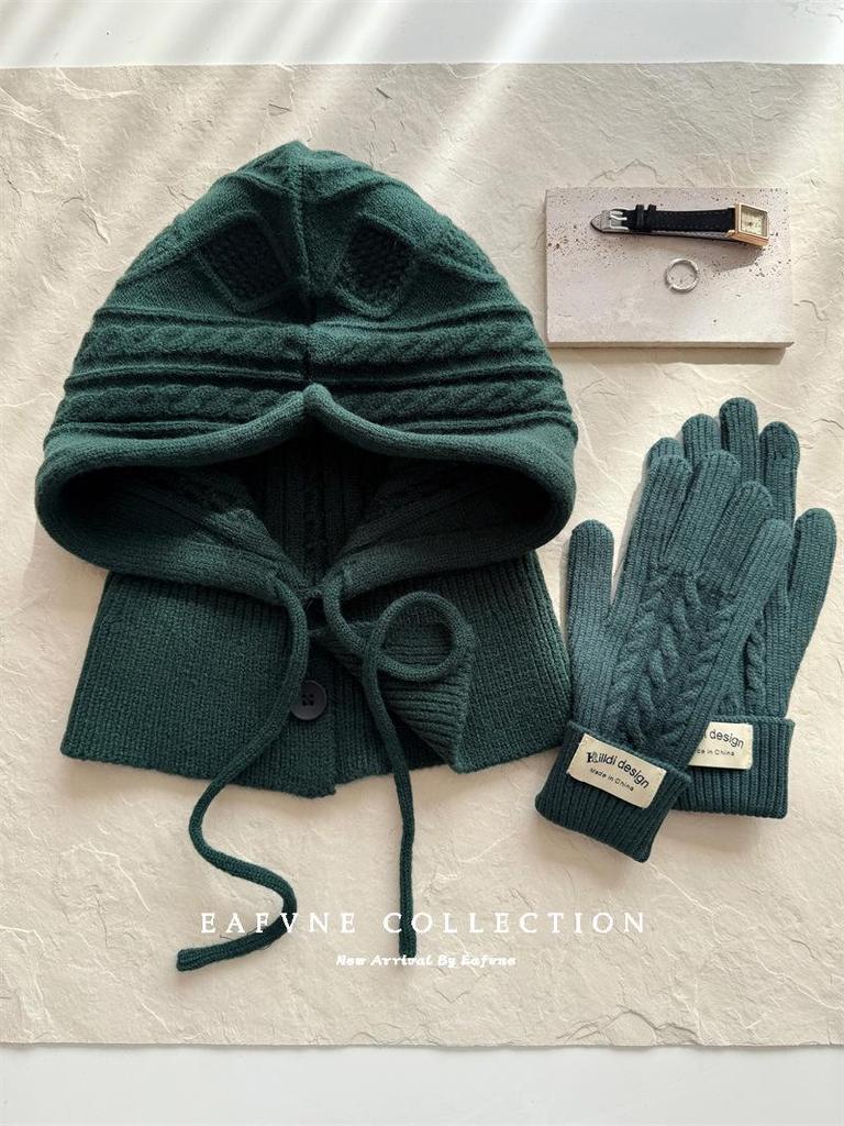 Korean Style Wool Balaclava & Twisted Gloves Set for Women - Perfect for Autumn and Winter