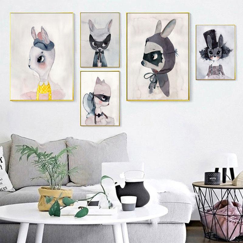 Современный скандинавский кролик для девочек, ангел, настенное искусство, мультяшная картина на холсте, спрей, цветной художественный постер, детские настенные фрески для детской комнаты