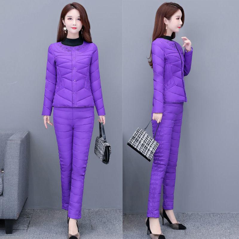 Winter Down Cotton Lined Slim Two Pieces Sets Warm O Neck Button Coat Ensemble High Waist Straight Pants Suits Snow Wear Outfit