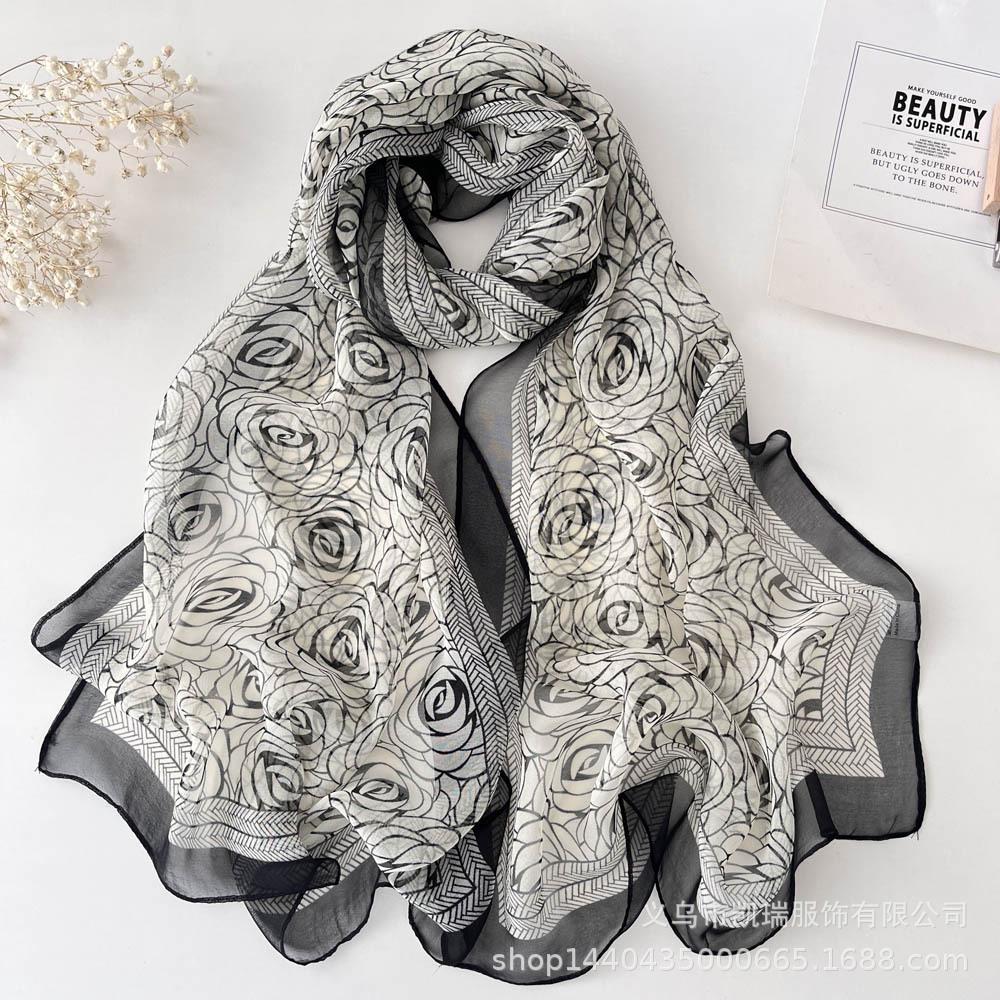 Новый длинный шелковый шарф с солнцезащитным кремом, тонкий искусственный шелк, весенне-летний женский шарф с принтом и украшением из жоржета