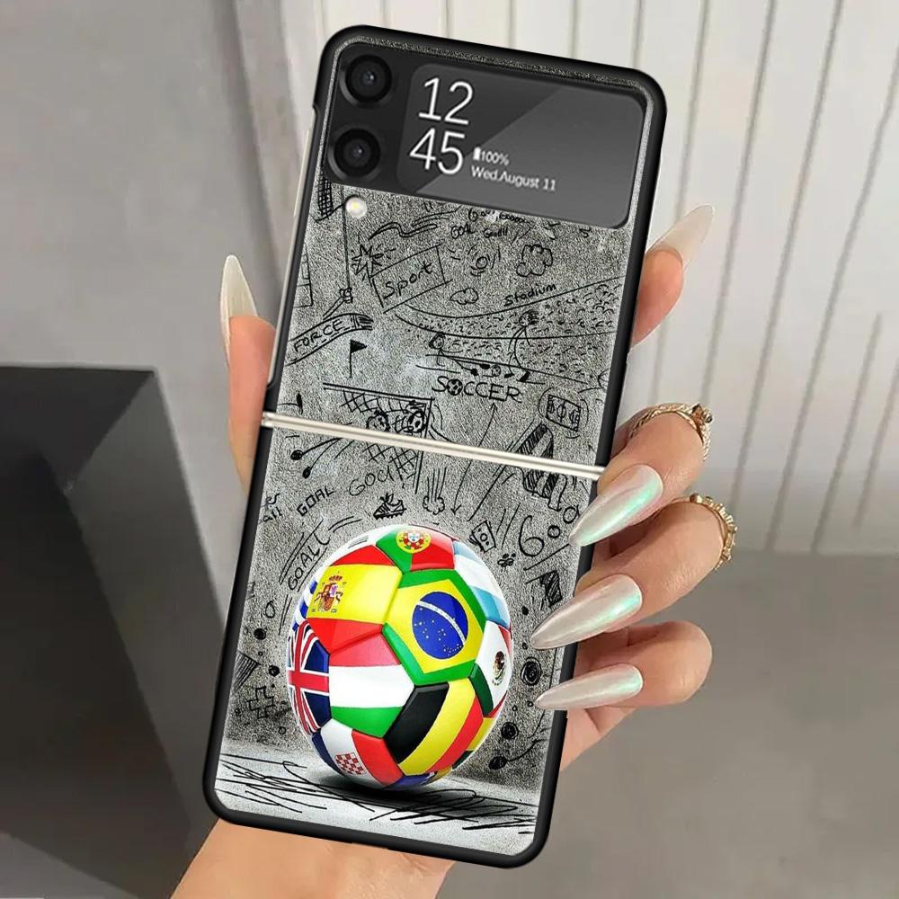 Жесткий чехол из поликарбоната с дизайном футбольного мяча для Samsung Galaxy Z Flip 6 5 4 3 Черная крышка ZFlip6 Flip5 Flip4 5G Складной Принт