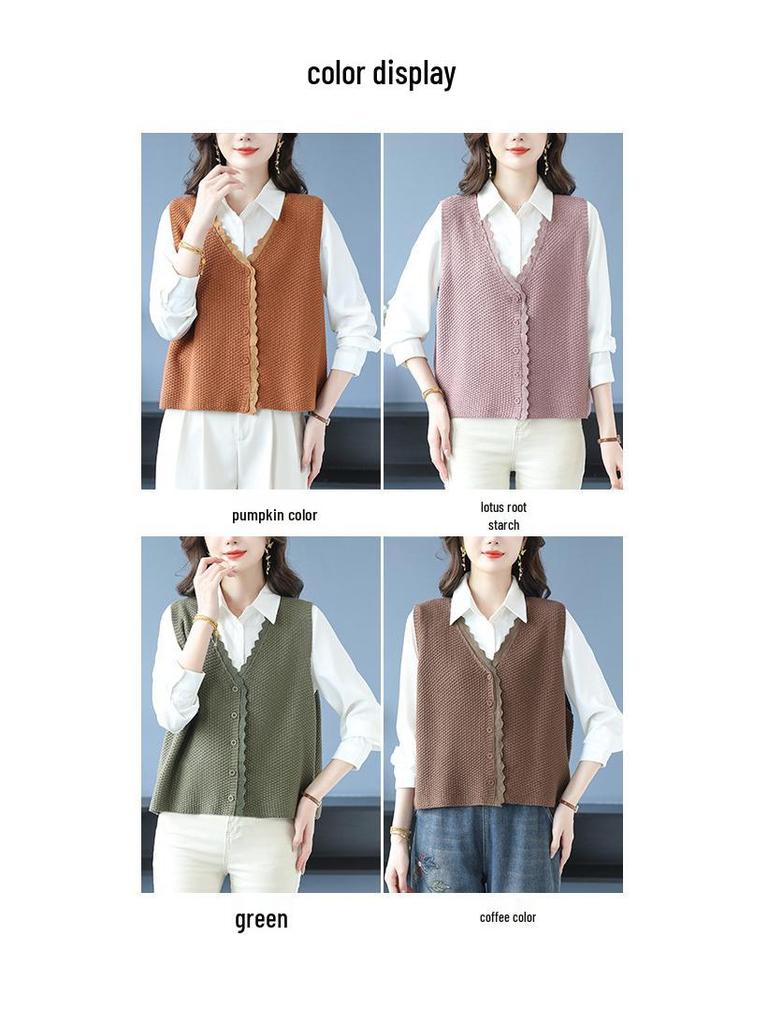 Вязаный жилет с V-образным вырезом и кружевной отделкой - Женский модный кардиган без рукавов на весну/осень для мам среднего возраста