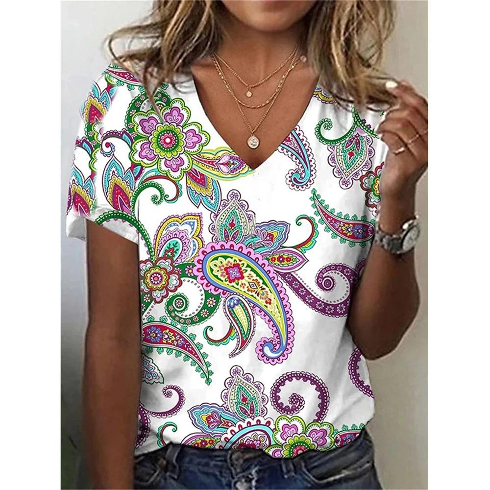 Retro Ethnic Style 3D Digital Printed Women's Casual and Comfortable V-neck Short Sleeved T-shirt