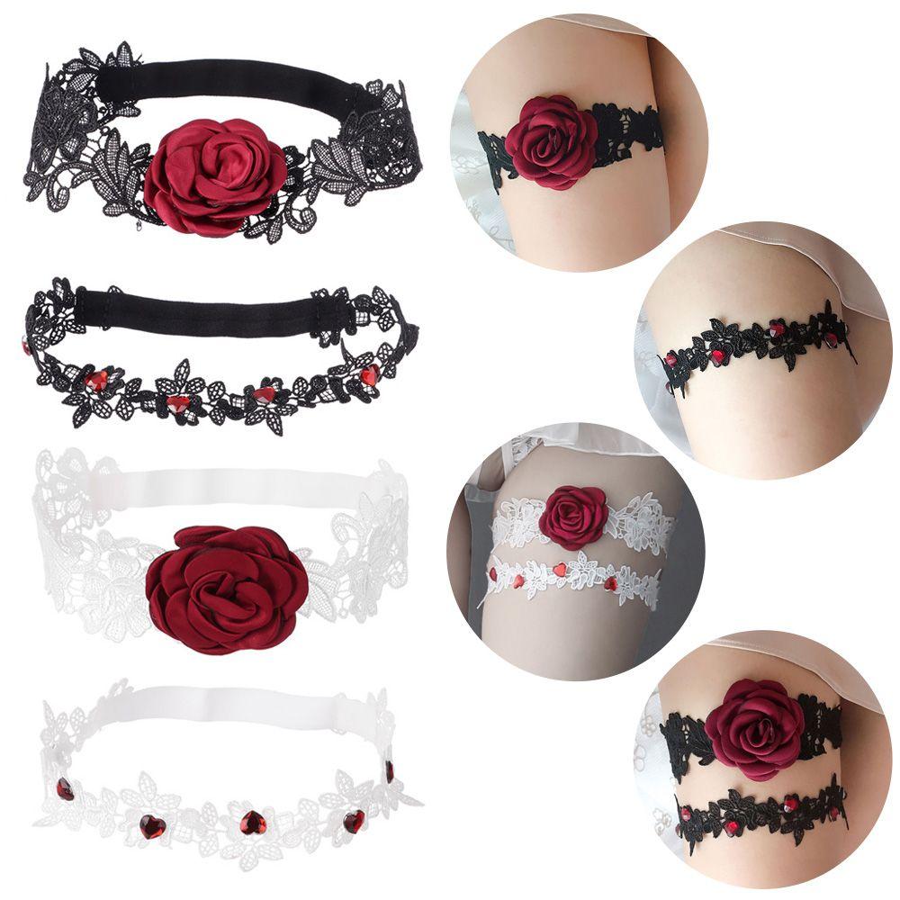 Rhinestones Stretch Red Rose Flower Garters Embroidered Stretch Garter Lace Leg Ring Set Lace