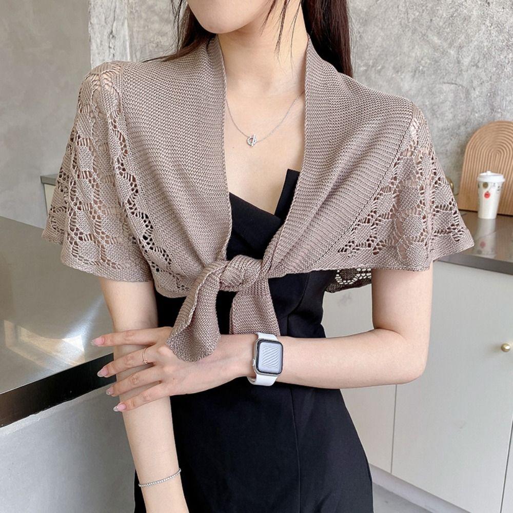 Solid Color Knitted Hollow Shawl Weave Blouse Shoulder Fake Collar Casual Knot Scarves Outdoor