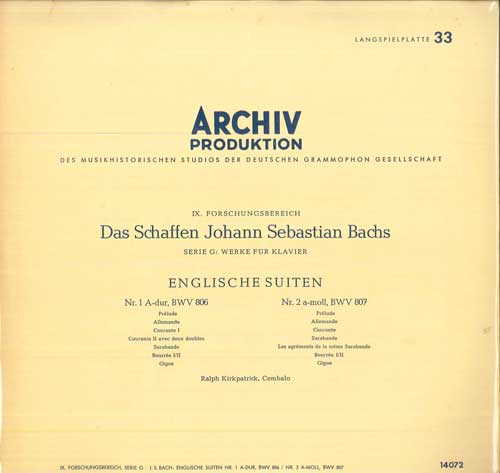 LP Пластинка РАЛЬФ КИРКПАТРИК - Бах: Английская сюита №. 1 / нет. 2 14072 АРХИВ ПРОДУКТЫ Япония Классический Б/У