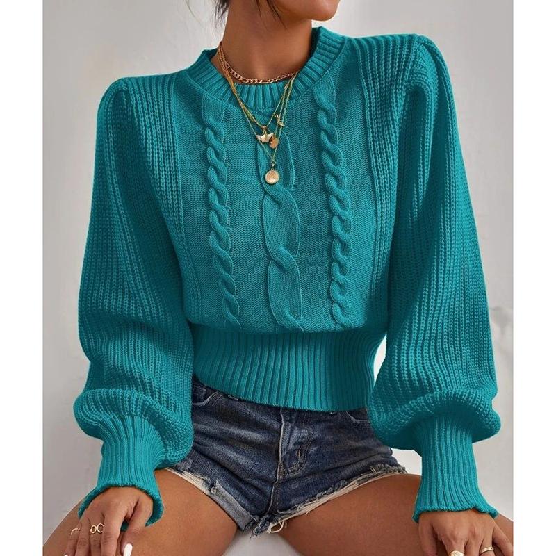Autumn and Winter Solid Loose Knitwear Pullover Women Fashion New Round Neck Knitted Sweater Woman Vintage Lantern Sleeve Twists Sweaters 24592
