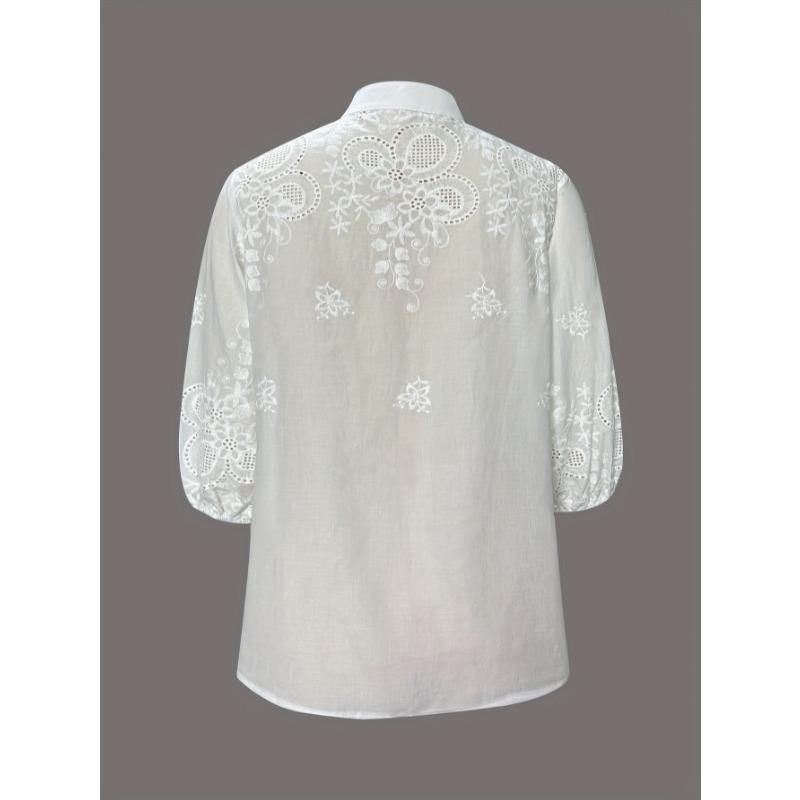 Elegant Short Sleeved Jacquard Lace Loose Shirt Fashion Sweet Women Casual Hollow Out Office White Blouse Spring Autumn New V-neck Women Top Clothing