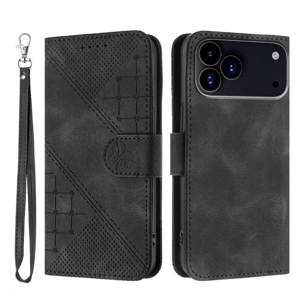 For iPhone 17 Pro Leather Wallet Case Butterfly Flower Imprinted Phone Cover with Strap