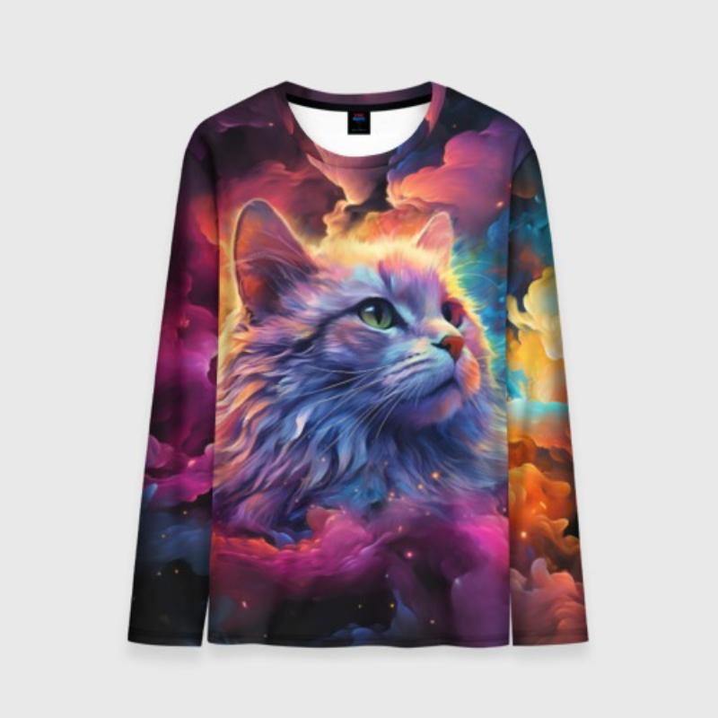 Детские мультяшные футболки с принтом кота, красочные, милые, для мальчиков, с длинным рукавом, модный, мягкий, удобный топ