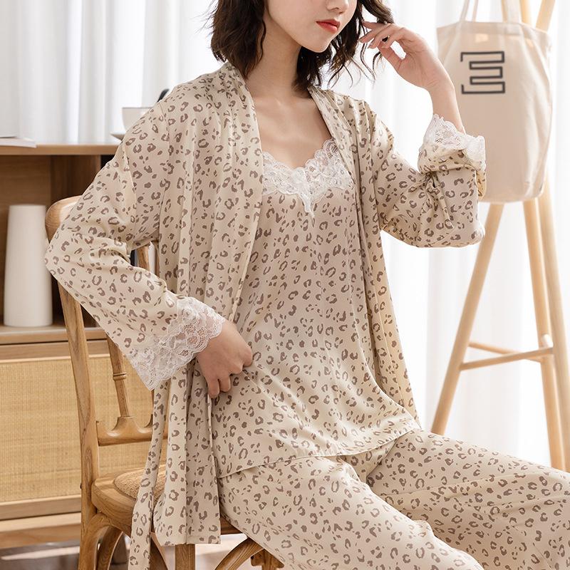 Leopard Printed Satin Ice Silk Pajamas Women's Spring and Summer Thin Suspender Robe Trousers Three Piece Suit Household Clothes