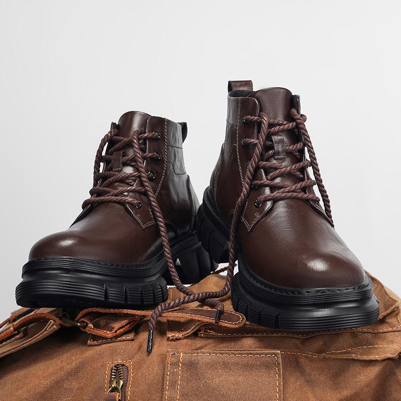 FashionGenuine Leather High Top Ankle Boots New Trend Mens Walking Shoes Non-Slip Lace-Up Motorcycle Boots Wear-Resistant Hiking Botas