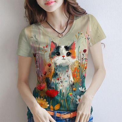 Милая женская футболка с изображением котенка и животных, летняя одежда с V-образным вырезом и короткими рукавами, футболка с цветочным принтом, модные повседневные топы больших размеров