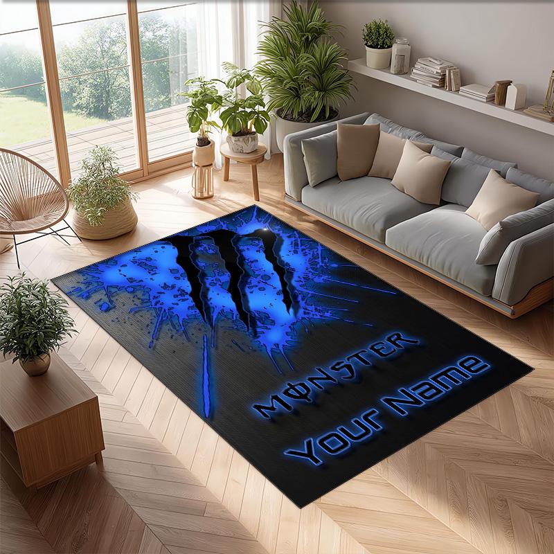 Monster Energy Crystal Velvet Rug, Custom Name Text Personalized Non‑Slip Floor Mat for Home Decor Gift