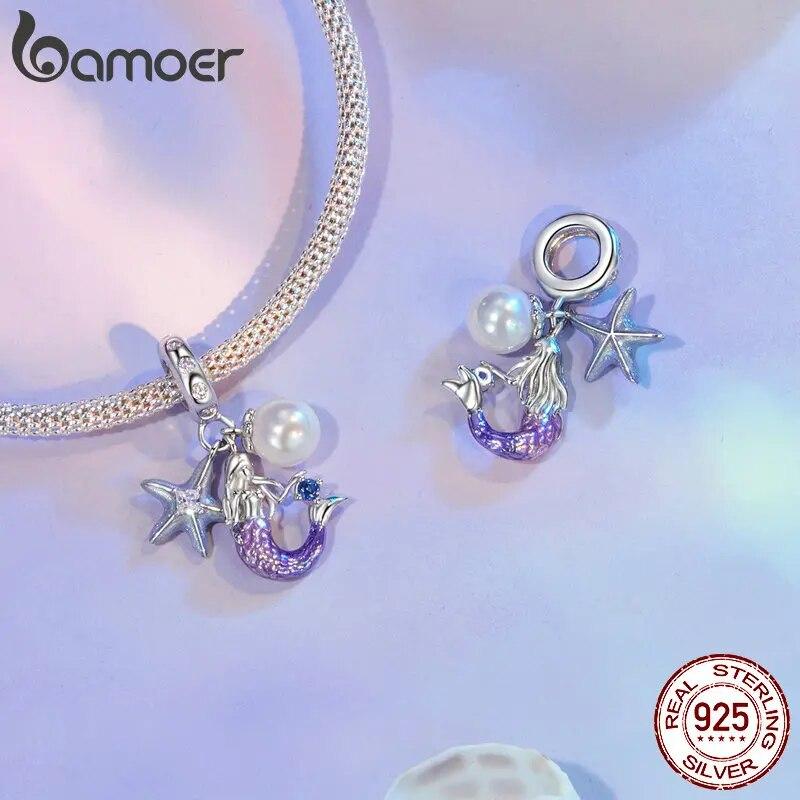 BAMOER Dainty 925 Sterling Silver Dreamy Mermaid Charm Fish Tail Silicone Spacer Bead Charm for Women Fit Original Bracelet
