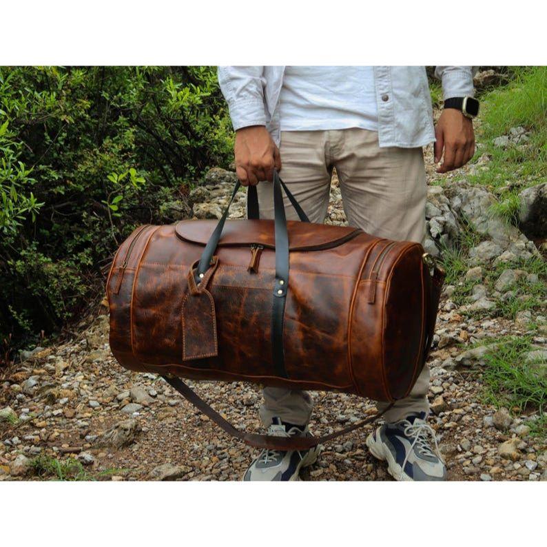 Full Grain Leather Duffle Bag 24-Handmade Buffalo Leather Men's Weekender Bag-Overnight Shoulder Holdall Bag-Ideal Gift For Men