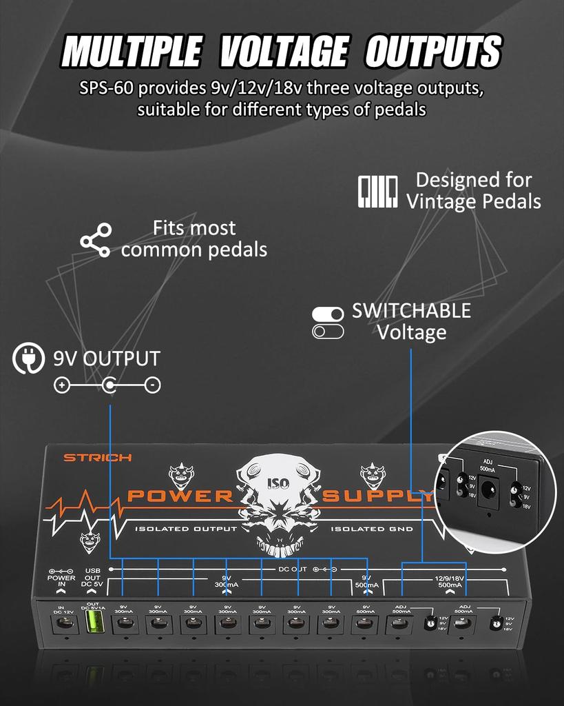 STRICH Guitar Pedal Power Supply 10 Completely Separate Pedal Board Power Supply DC Output High Power and High Current Effect Pedal Noiseless SPS-60