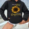 Long Sleeve Drawstring Pullover Pocket Front Hooded Sweatshirt, Sunflower Graphic Fleece Lined Casual Sports Hoodie, Women's Sporty Sweatshirts