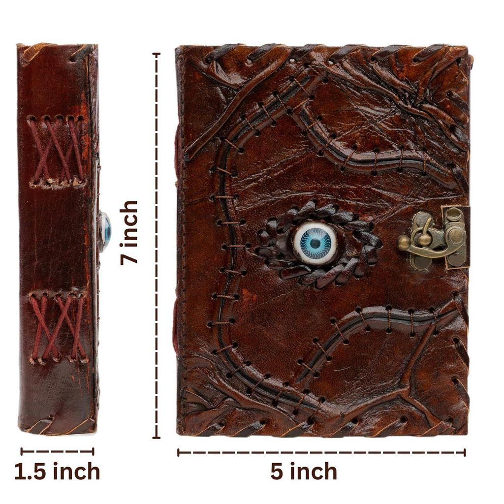 Leather Diary With Evil Eye Stone- 5×7 Inch Spells Journal with 240 Unlined Handmade Pages