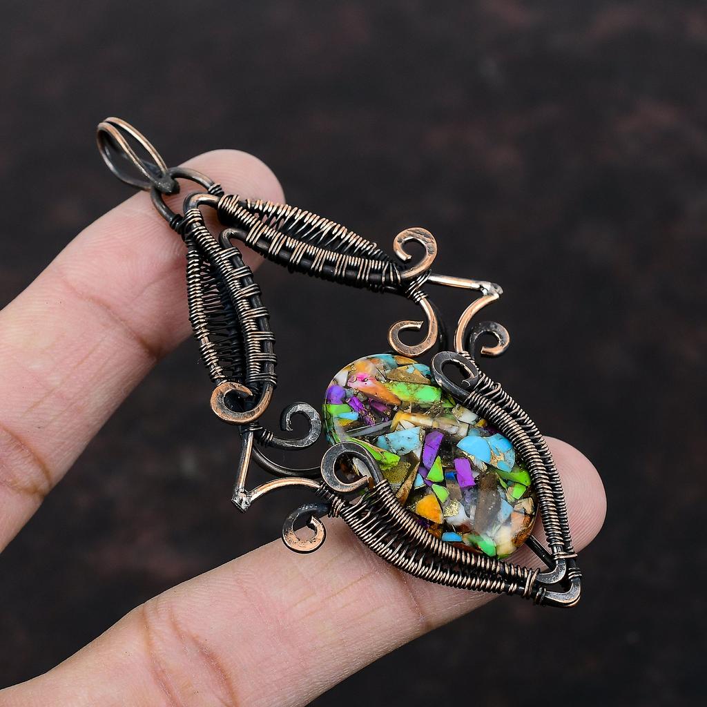 Fiesta Kingman Бирюзовый кулон Мульти Медный бирюзовый кулон Медная проволока обернутая подвеска Драгоценные камни подвеска ручной работы Медные украшения