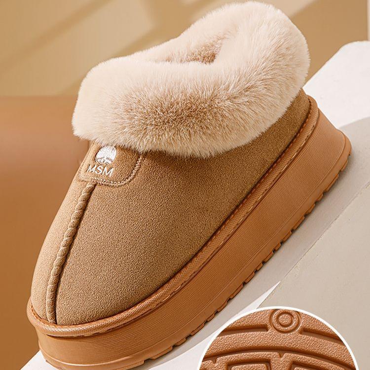 Женские зимние тапочки из хлопка с каблуком-мешком, высокие зимние сапоги из плюша с интегрированным мехом и теплая домашняя хлопковая обувь