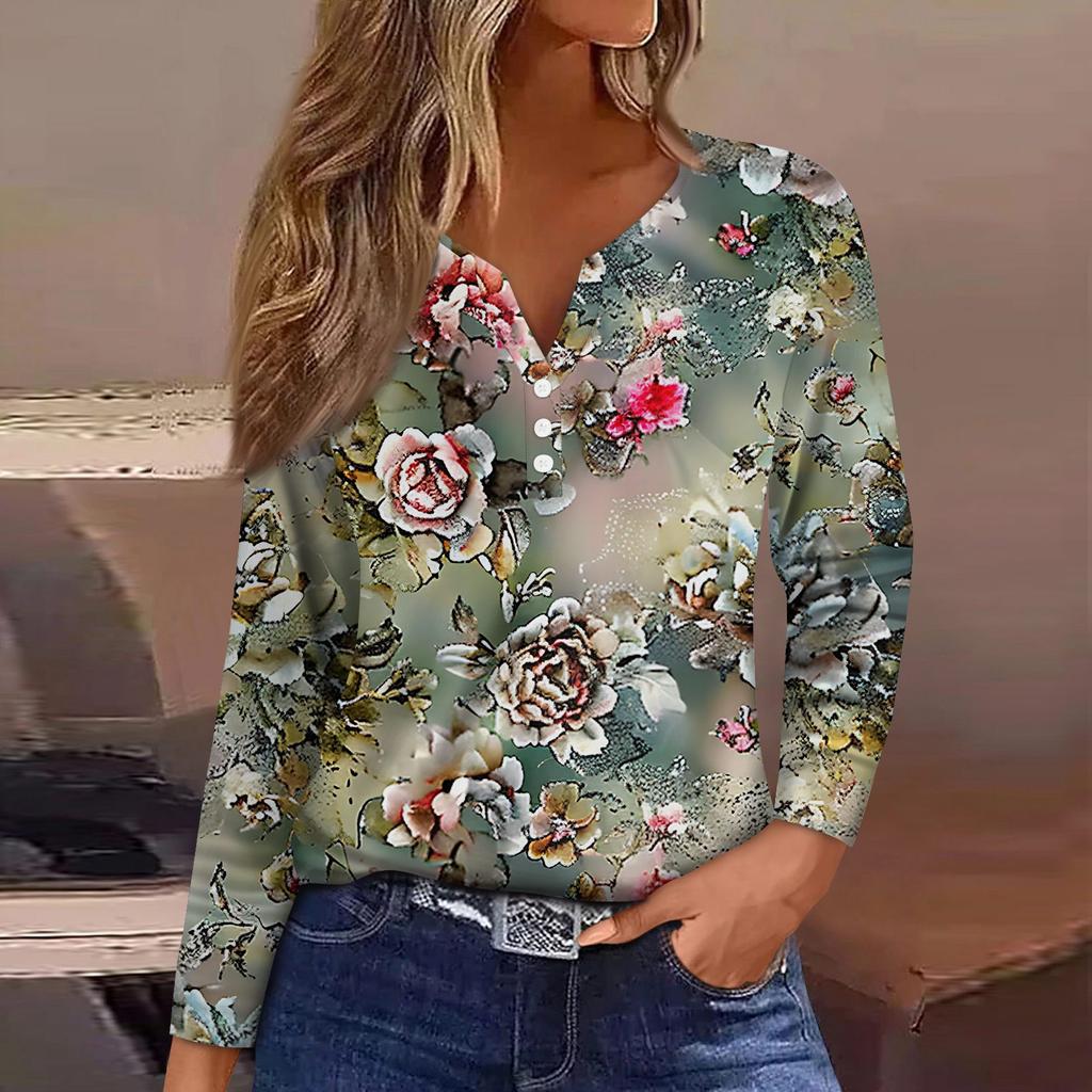 Жен. Футболка Футболка Пуговицы Цветочный принт Длинный рукав Повседневные Выходные Мода Классический Классический V-образный вырез Обычный Топ