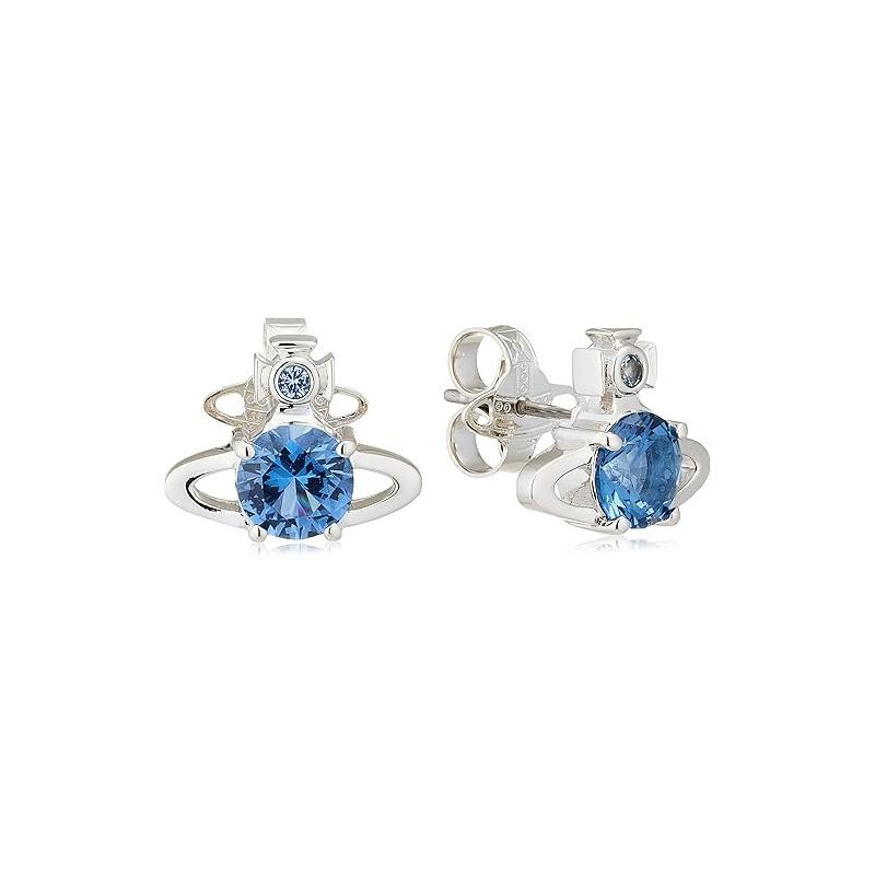 Vivienne Westwood Silver Sphere Pattern With Denim Blue Square Zirconia Brass Earrings Women Earrings 62010070-02P168-SM