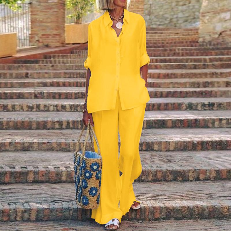 ZANZEA Комплекты из двух предметов, женские рубашки с длинными рукавами, топы и длинные брюки, широкие брюки, повседневные свободные костюмы размера плюс