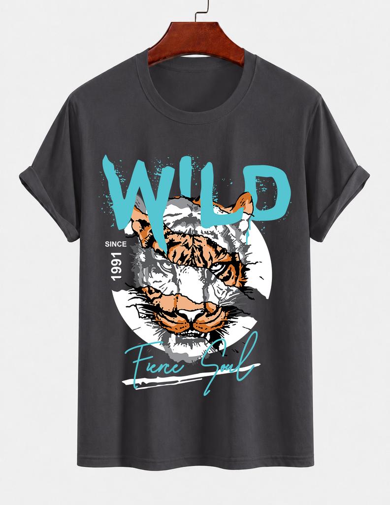 Unisexs Pure Cotton Solid Color Tshirt Navy With Tiger Print Crew Neck Short Sleeves Motorcyclestyle Street Casual Top