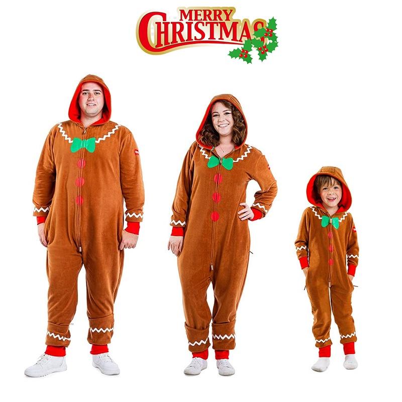 Christmas Gingerbread Man Cosplay Costume Hooded Jumpsuits Adult Kids Xmas Party