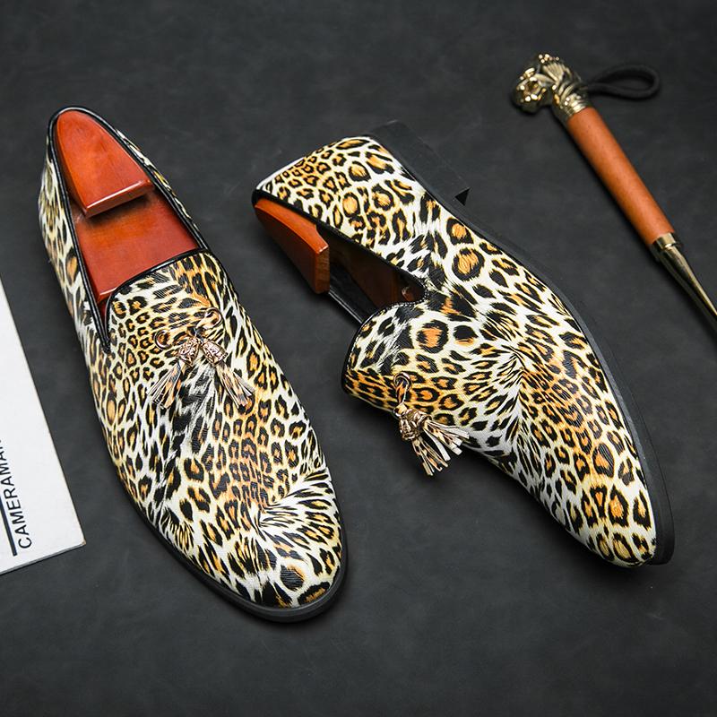 Leopard Print Men Casual Shoes Fashion Mens Slip On Flats Handmade Leather Mens Loafers Stylish Moccasins Male Driving Footwear