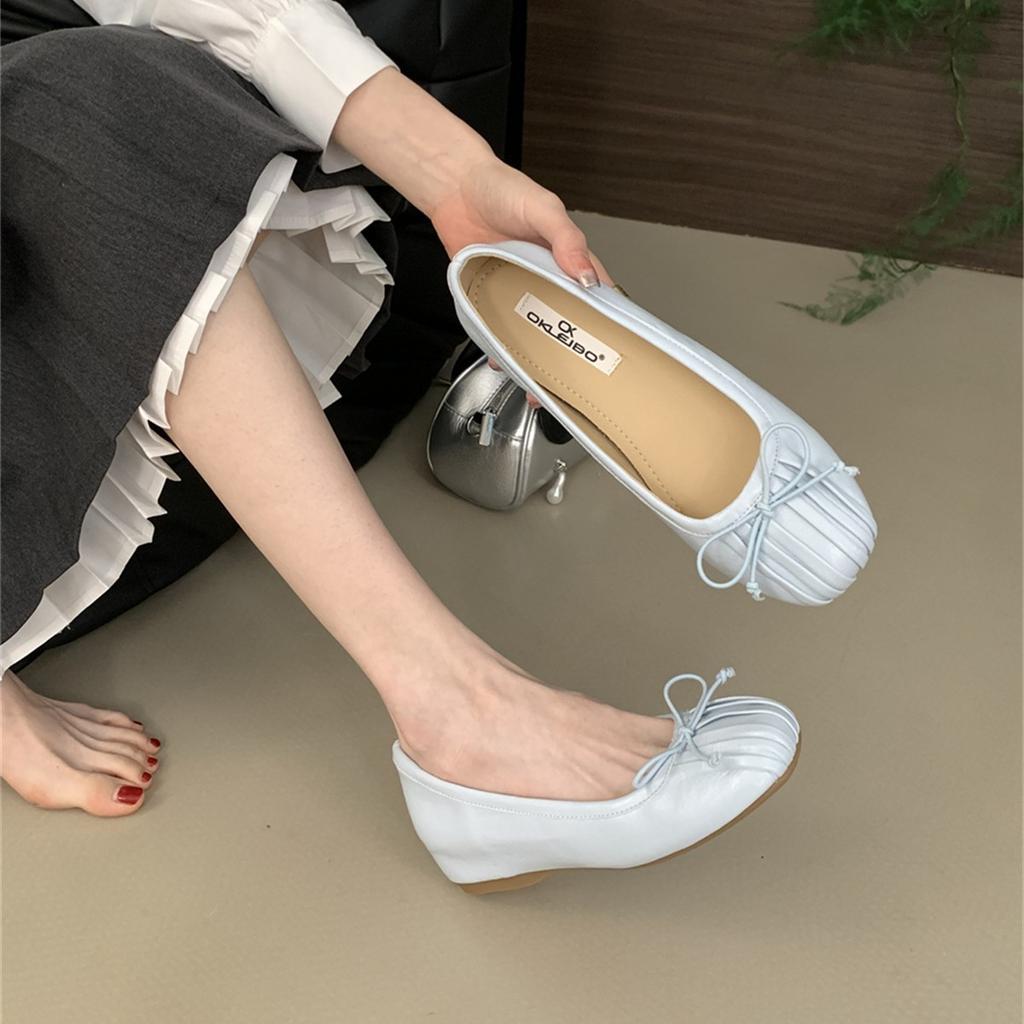 Нишевые плиссированные туфли-лодочки с квадратным носком и неглубоким вырезом, с бантом, женские, 2025 осень, новые, ретро, на скрытой платформе, на мягкой подошве, туфли для бабушки
