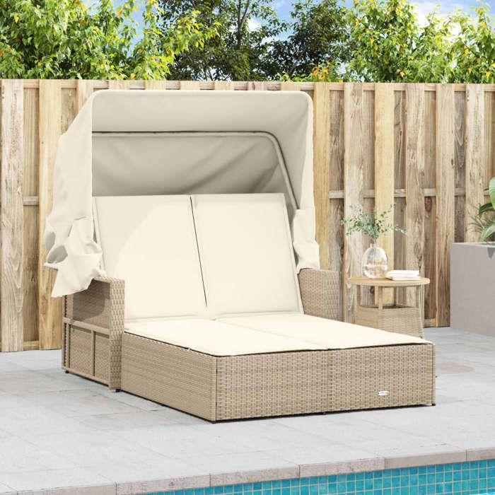 VidaXL Chaise Longue Double avec Auvent et Coussins, Bain de Soleil, Transat de Jardin Patio Terrasse Arrière-cour, Beige 365810
