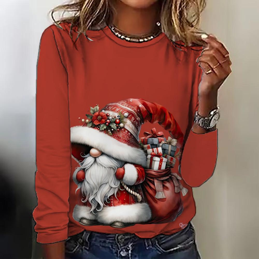 Spring and Autumn Long Sleeved Women's Top Christmas Printed Round Neck T-shirt Casual Cute Style