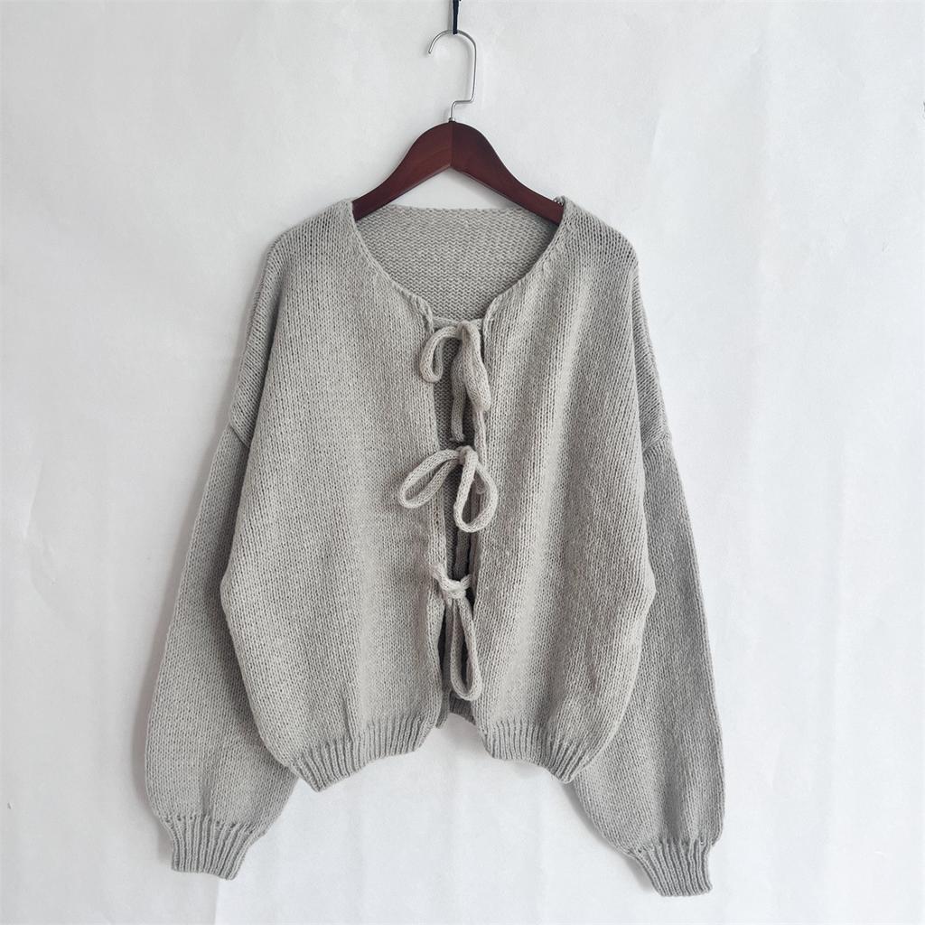 Women's Classic Tie-Front Knit Cardigan - Solid Color Round Neck Sweater Casual Pullover