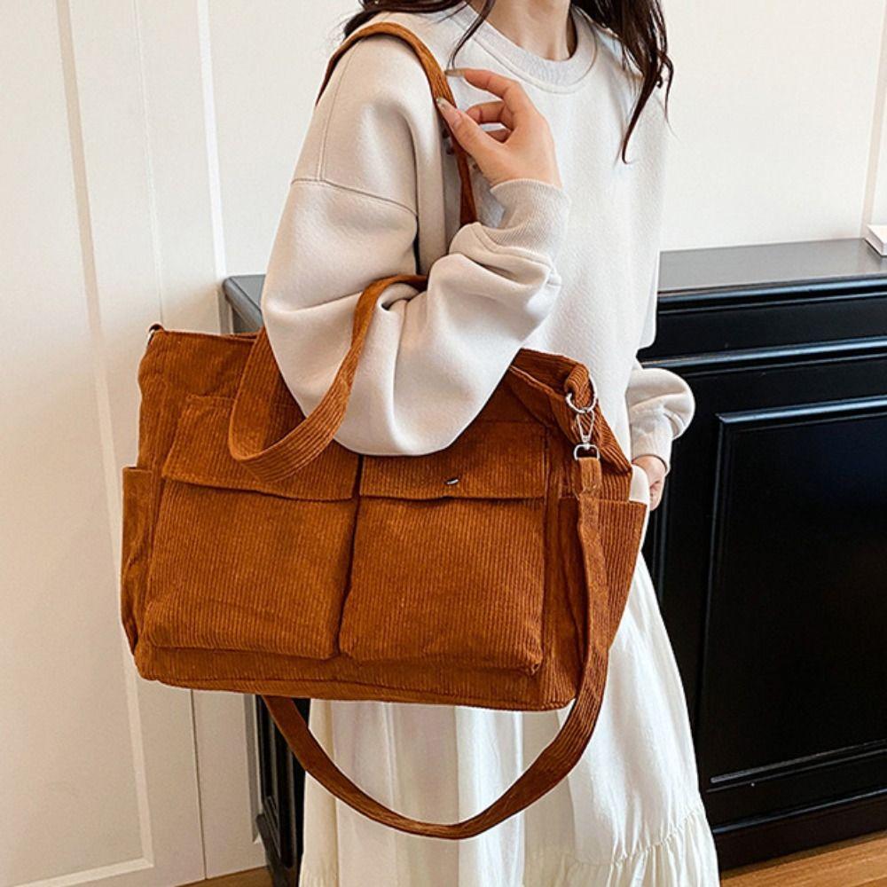 Vintage Corduroy Tote Bag Elegant Casual Underarm Bag Simple Multi-pocket Shoulder Bag  Holiday