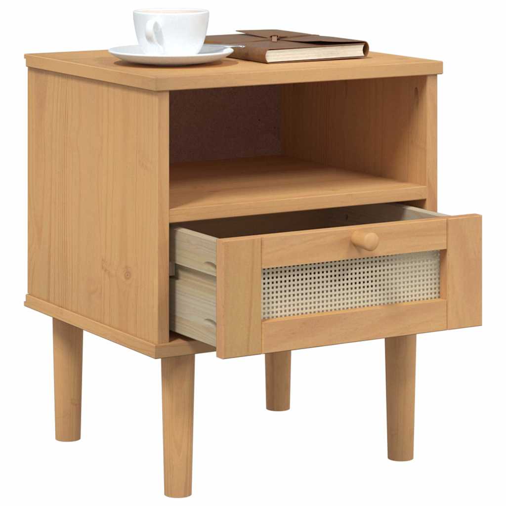 Nightstand SENJA Rattan Look Brown 40x35x48 cm Solid Pine Wood
