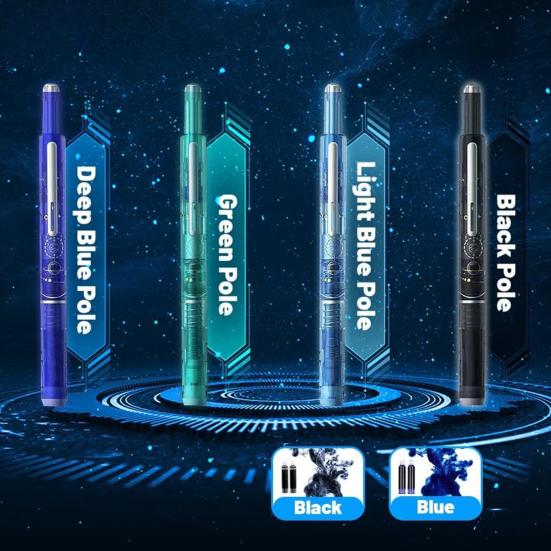 Retractable Fountain Pen Fine Nib Set 0.38mm Black/Blue Ink Transparent Barrel Pen with 5 Refillable Ink Cartridges for Sketching Journaling